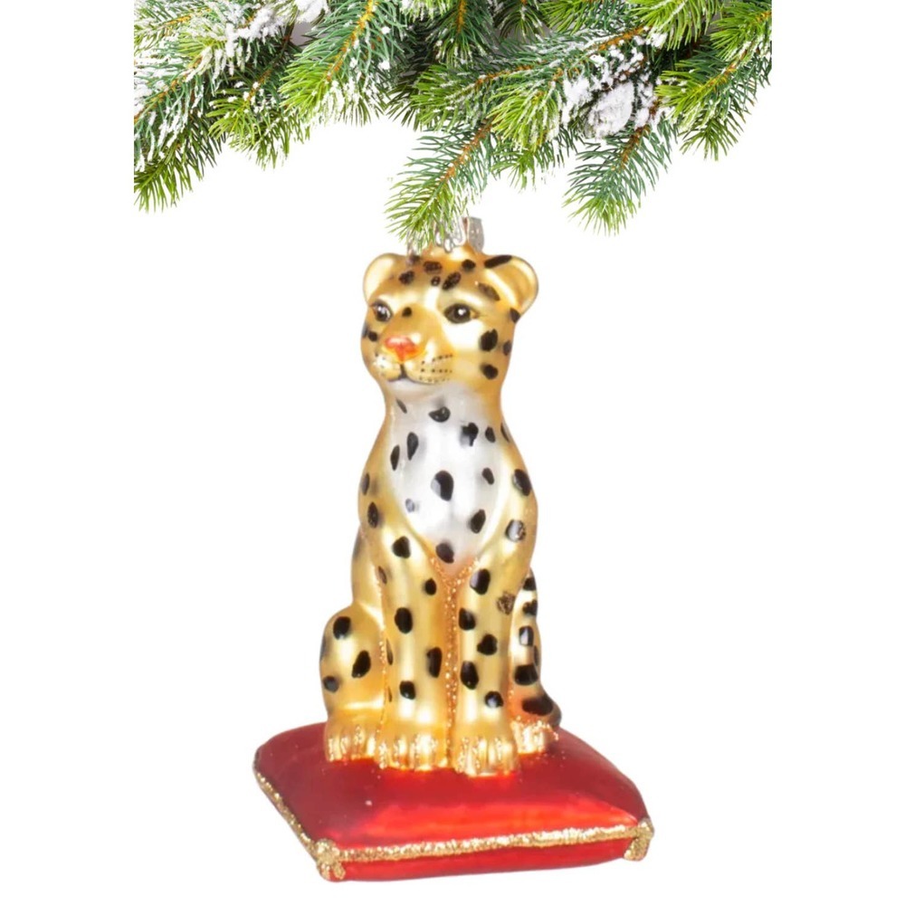 Handblown Glass Sparkling Leopard On Velvet Pillow Christmas Tree Ornament